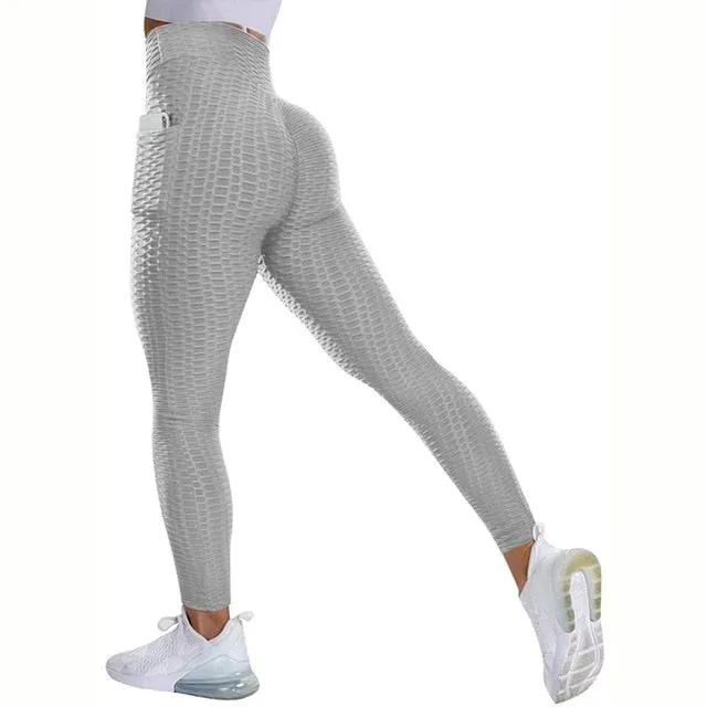 Textured High Rise Leggings - Red With Pockets