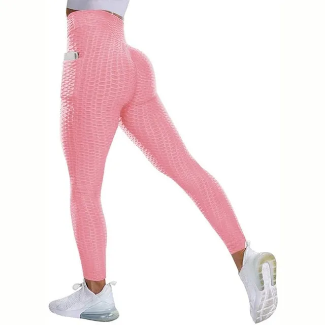 Textured High Rise Leggings - Red With Pockets