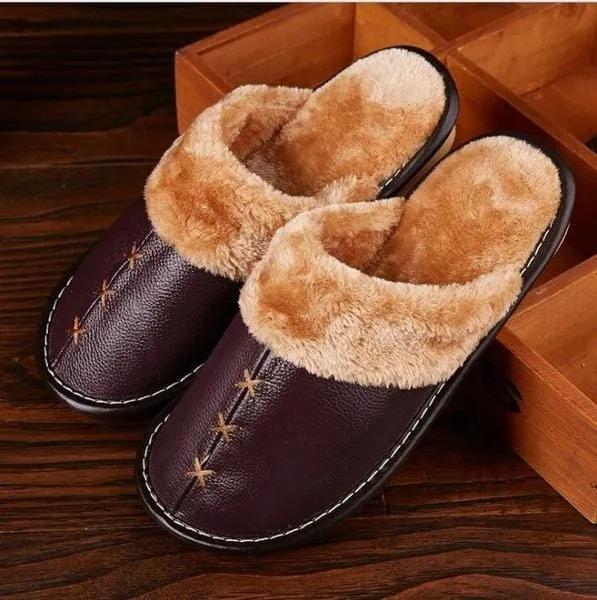 Unisex Warm Genuine Leather Slippers