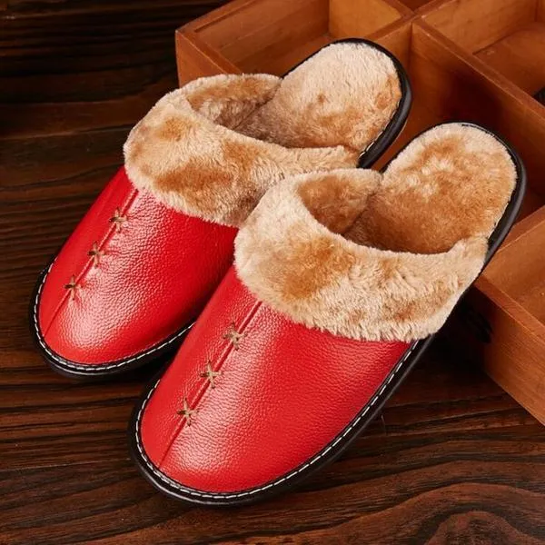 Unisex Warm Genuine Leather Slippers