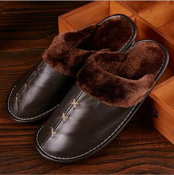 Unisex Warm Genuine Leather Slippers