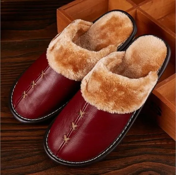 Unisex Warm Genuine Leather Slippers