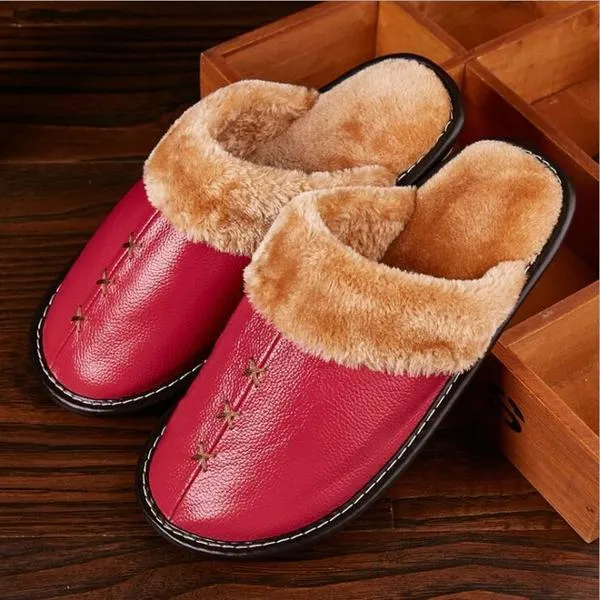 Unisex Warm Genuine Leather Slippers